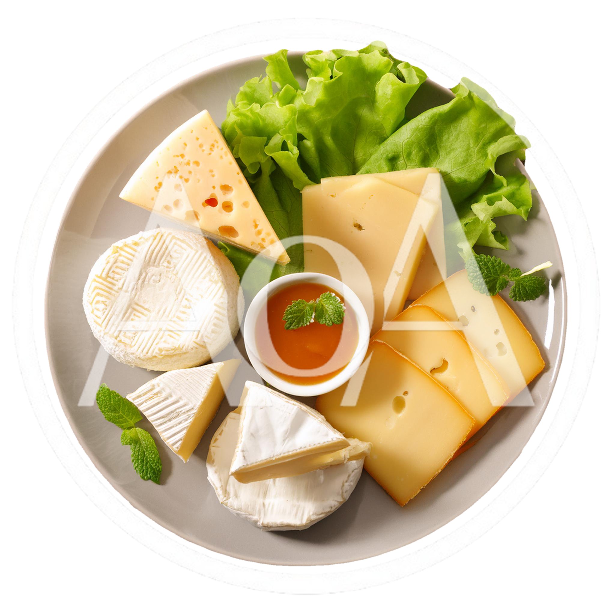 Assorted Cheese Platter With Honey And Fresh Lettuce