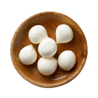 Fresh Mozzarella Cheese Balls In A Wooden Bowl