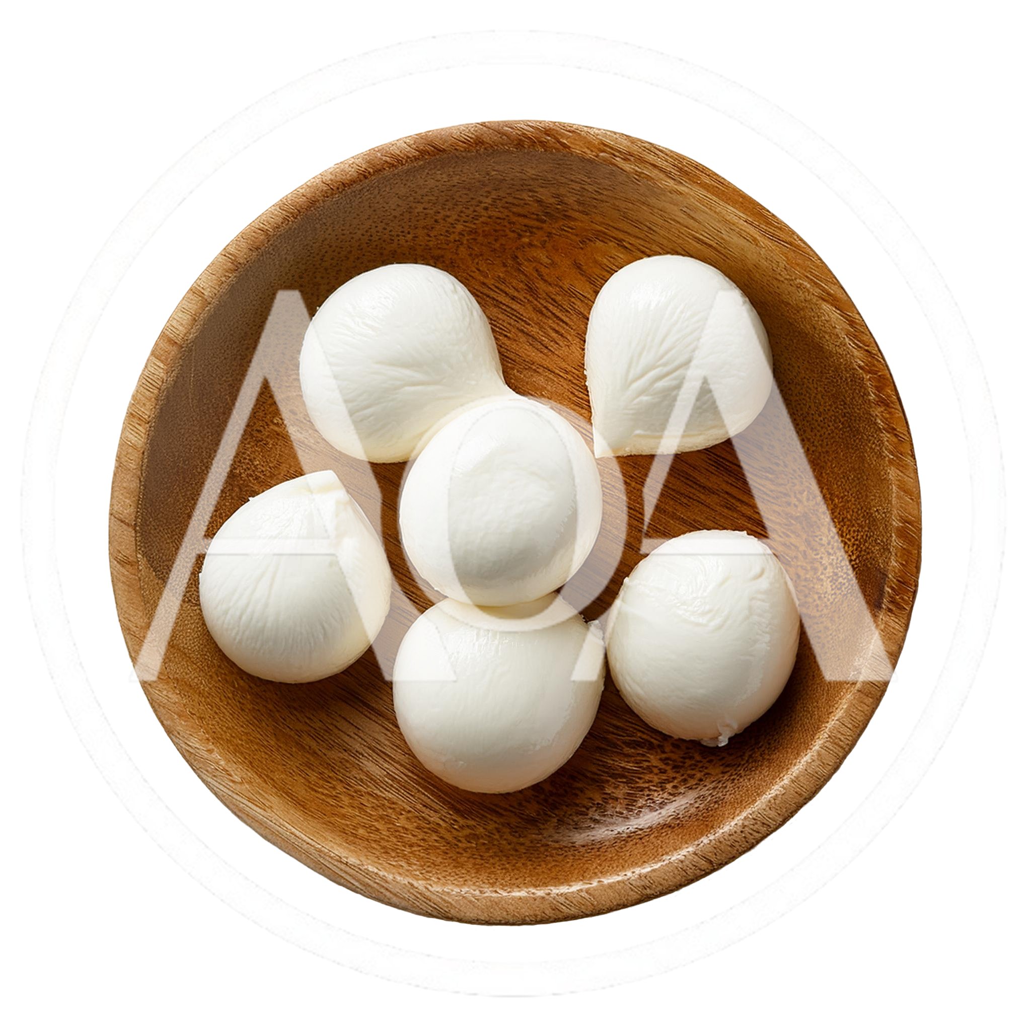 Fresh Mozzarella Cheese Balls In A Wooden Bowl