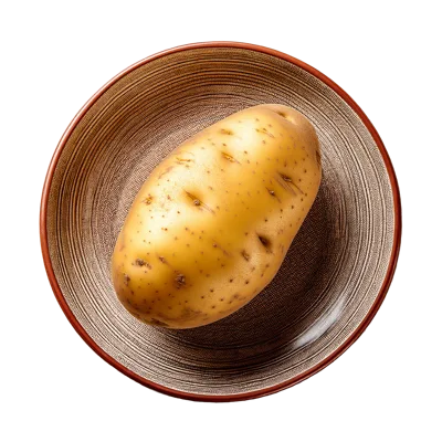 Single Raw Potato Centered On A Textured Ceramic Plate