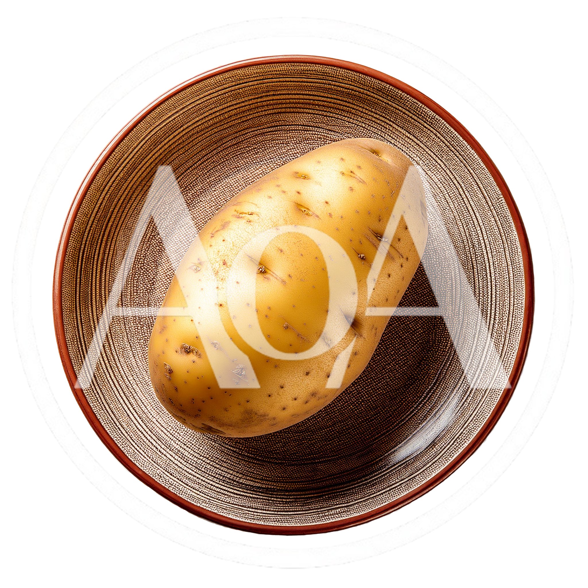 Single Raw Potato Centered On A Textured Ceramic Plate