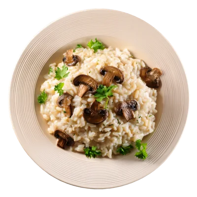Mushroom Risotto Served In A Shallow Ceramic Bowl