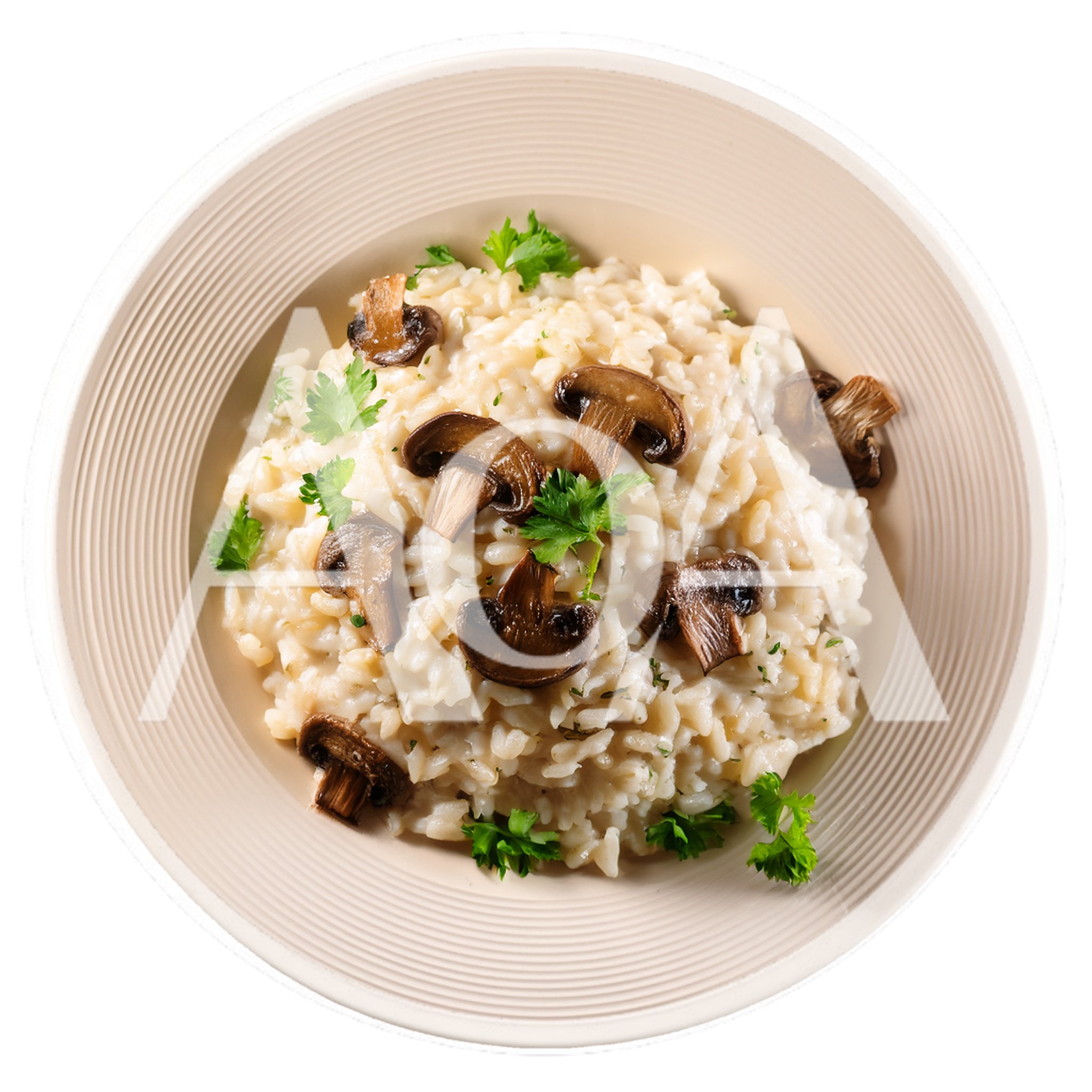 Mushroom Risotto Served In A Shallow Ceramic Bowl