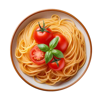 Top View Of Spaghetti With Fresh Tomatoes And Basil