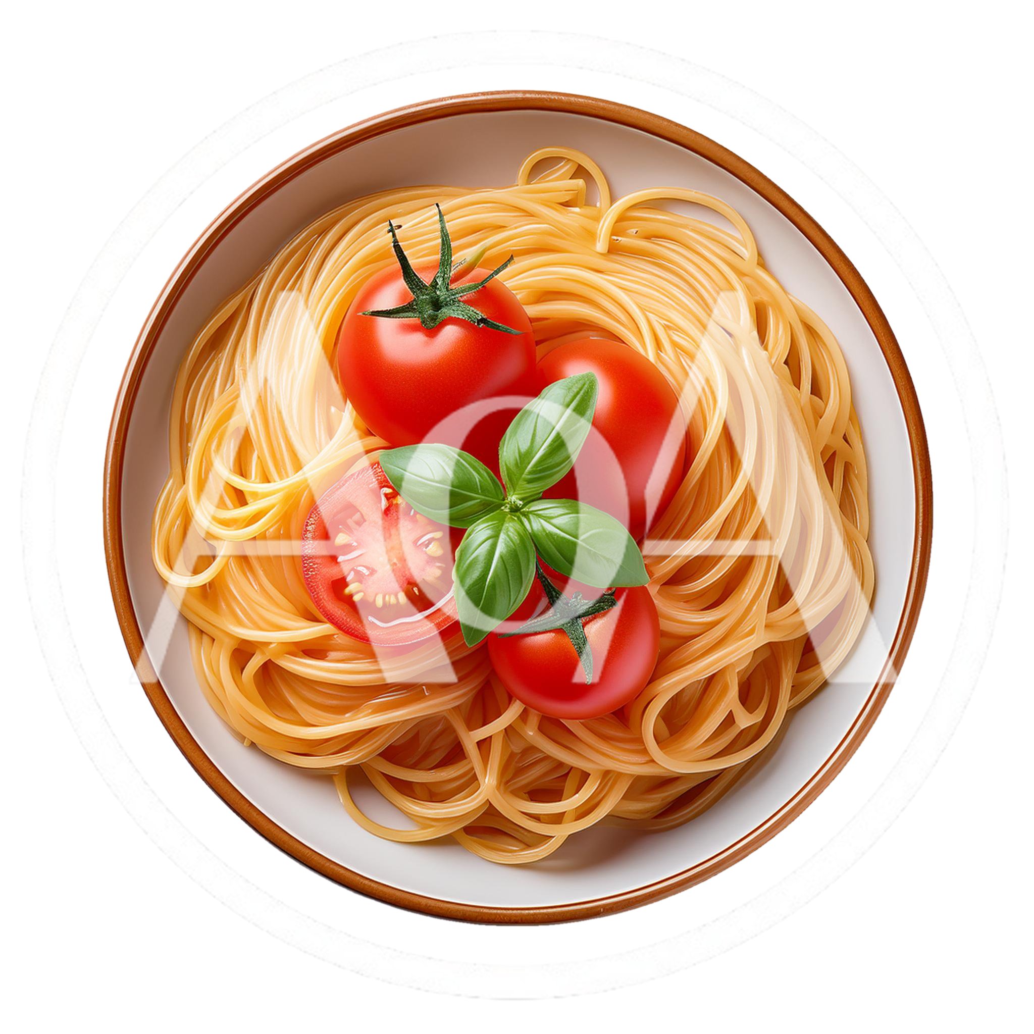 Top View Of Spaghetti With Fresh Tomatoes And Basil