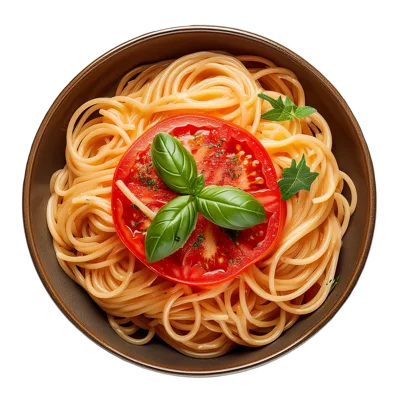 Spaghetti Pasta Bowl With Tomato Slice And Basil