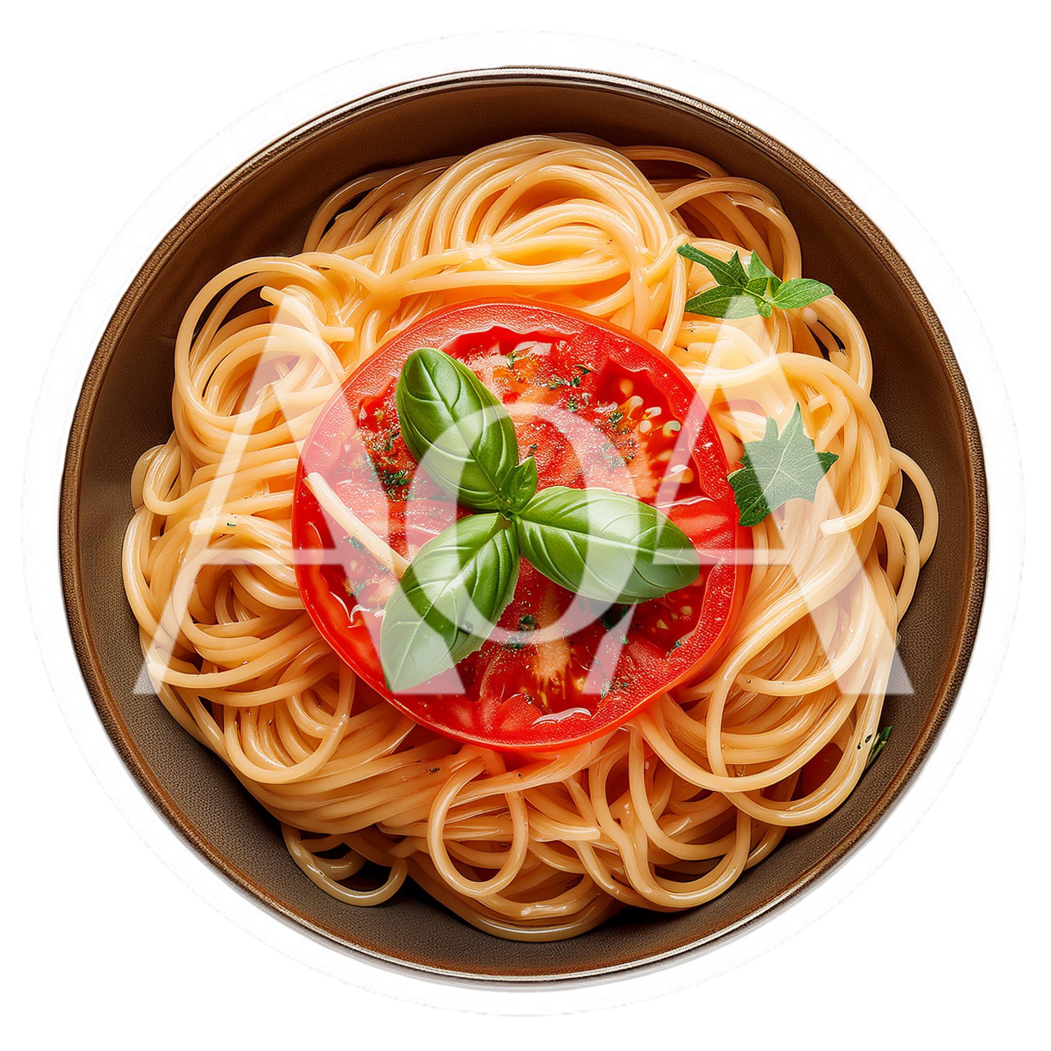 Spaghetti Pasta Bowl With Tomato Slice And Basil