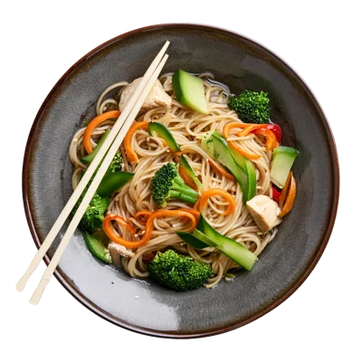 Bowl Of Stir Fried Noodles With Vegetables And Chicken