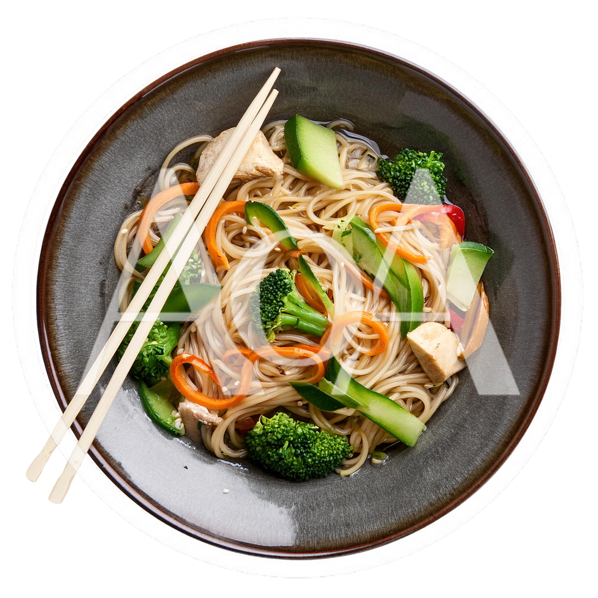 Bowl Of Stir Fried Noodles With Vegetables And Chicken