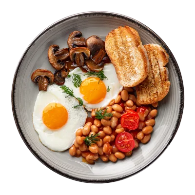 Full English Breakfast Plate With Eggs Beans And Toast