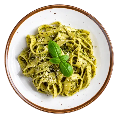 Top View Of Tagliatelle Pasta With Pesto Sauce