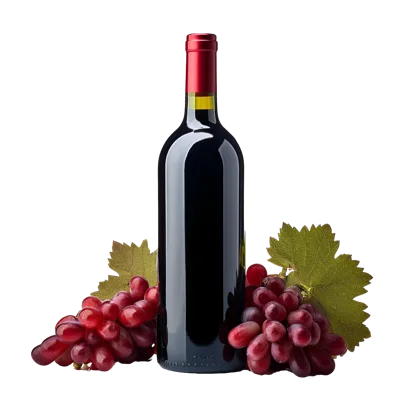 Red Wine Bottle With Fresh Grapes And Leaves
