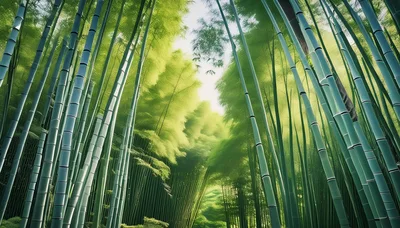 Low Angle View Of Tall Bamboo Forest