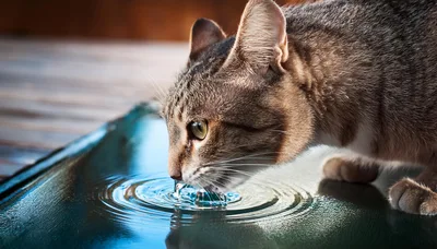 Tabby Cat Drinking Water From A Shallow Pool
