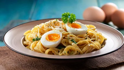 Creamy Pasta Dish With Soft Boiled Eggs