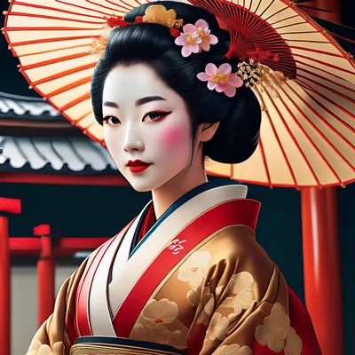 Portrait Of A Geisha With Traditional Umbrella
