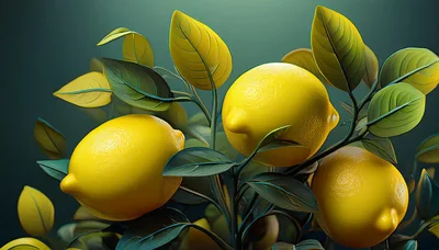 Three Fresh Yellow Lemons Hanging On A Tree Branch