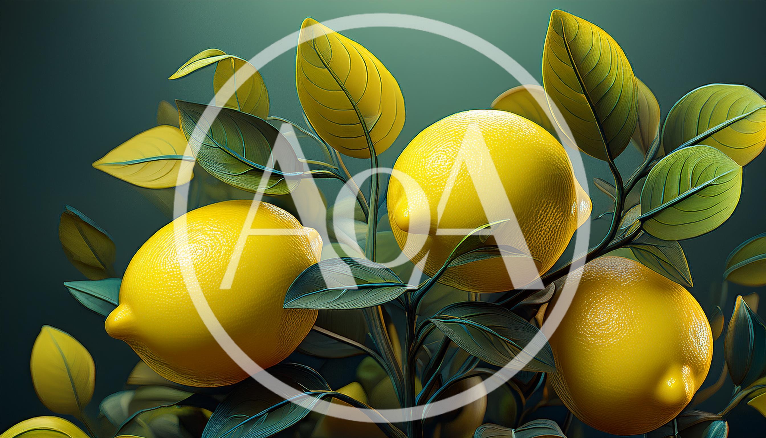 Three Fresh Yellow Lemons Hanging On A Tree Branch
