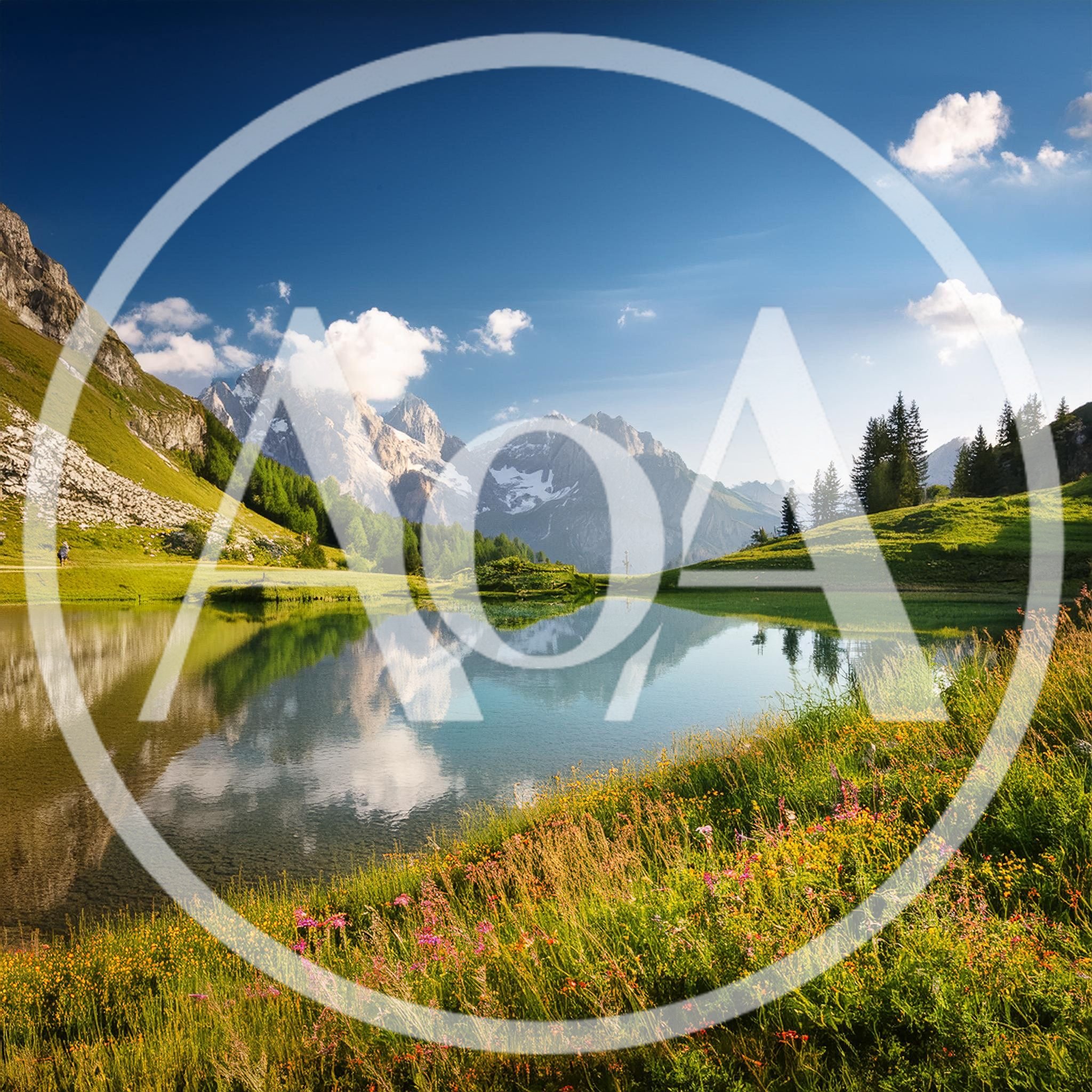 Alpine Lake Landscape With Mountain Peaks And Wildflowers