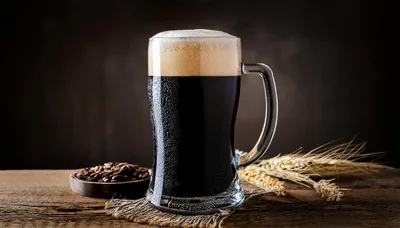 Cold Glass Of Dark Stout Beer With Coffee Beans