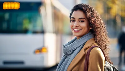 Smiling Woman Waiting For A Bus In The City