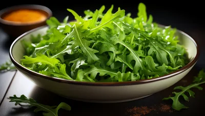 Fresh Arugula Salad In A Ceramic Bowl