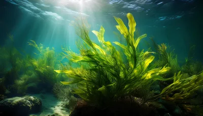 Vibrant Green Seaweed Swaying Underwater In Sunlight