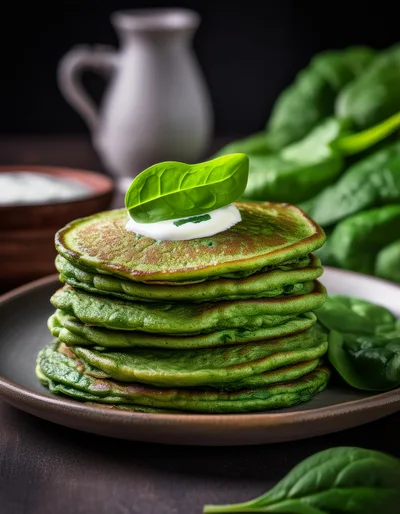 Stack of Vibrant Green Spinach Pancakes on Plate
