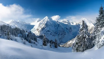 Panoramic View Of Snow Covered Alpine Mountain Peaks