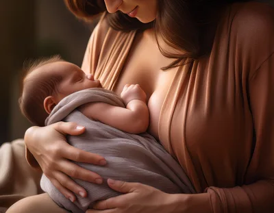 Mother Breastfeeding Her Newborn Baby In Soft Light