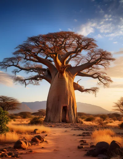 Majestic Baobab Tree Standing In African Savanna At Sunset