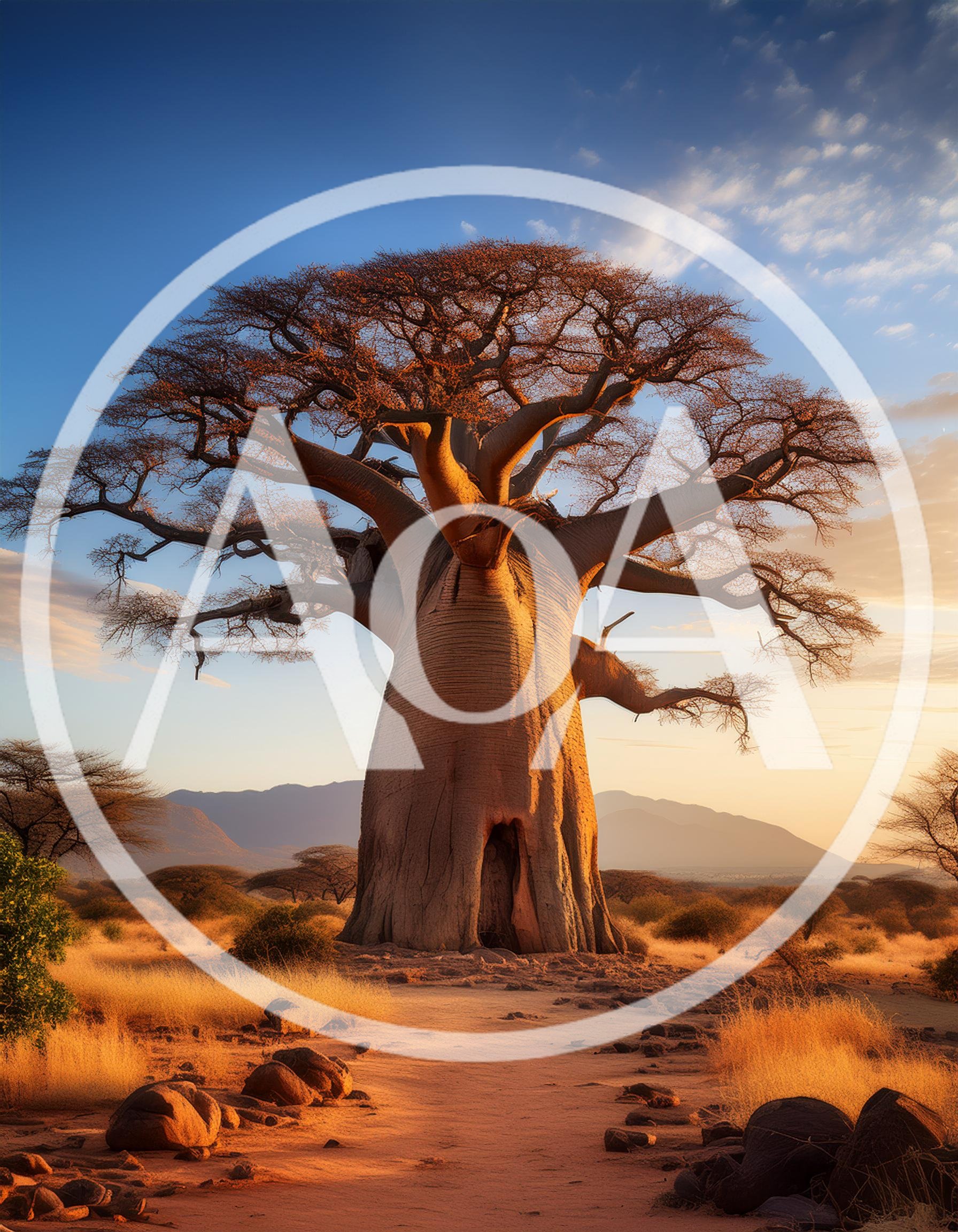 Majestic Baobab Tree Standing In African Savanna At Sunset