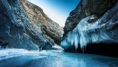 Frozen River Canyon With Massive Icicles