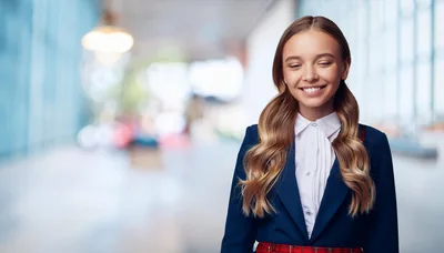 Smiling Schoolgirl In Uniform Standing In Bright Hallway