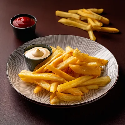 Golden French Fries With Ketchup And Mayonnaise