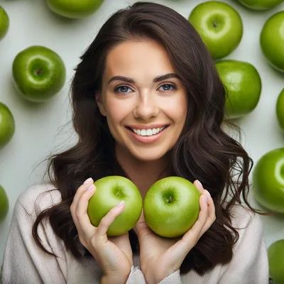 Smiling Woman Holding Two Fresh Green Apples