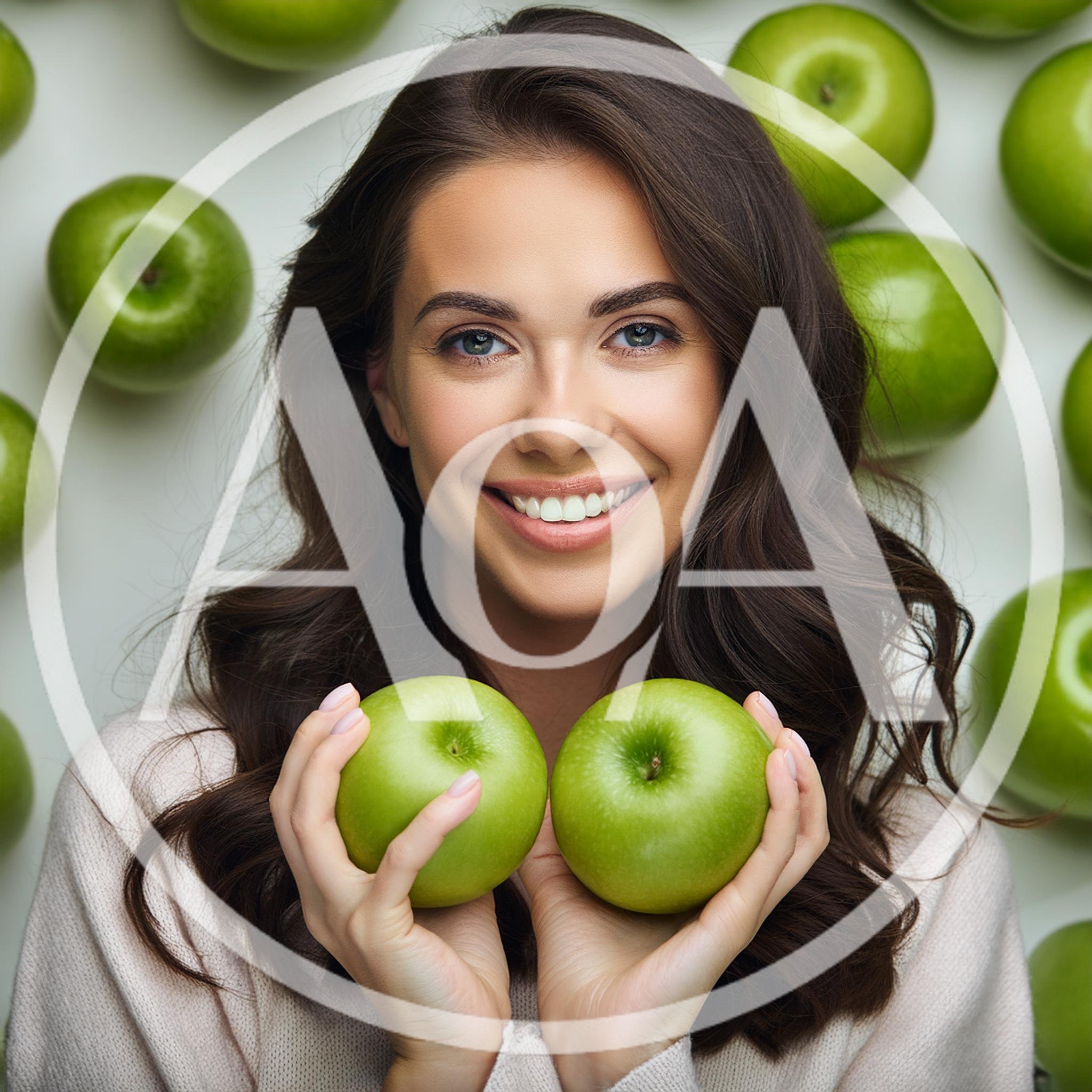 Smiling Woman Holding Two Fresh Green Apples