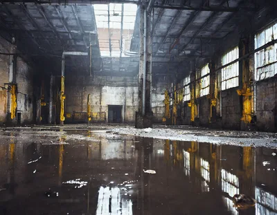 Abandoned Industrial Warehouse Interior With Flooded Floor