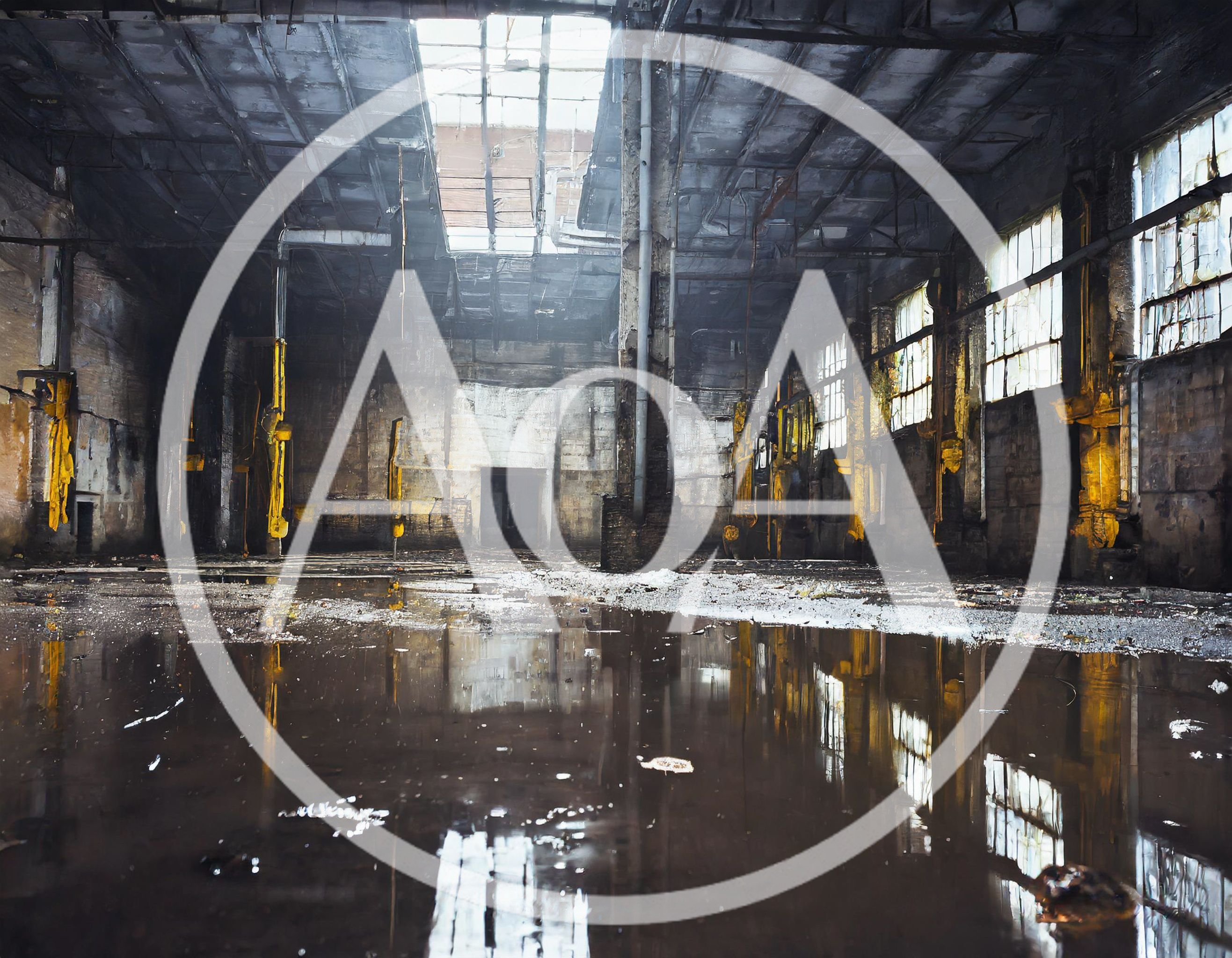 Abandoned Industrial Warehouse Interior With Flooded Floor