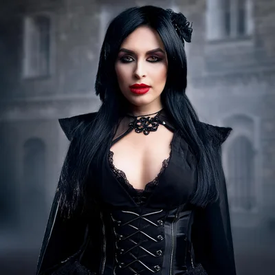 Gothic Woman In Corset Standing In Foggy Setting