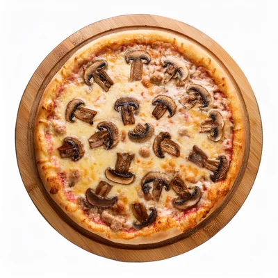 Top View Of A Mushroom Pizza On Wooden Board