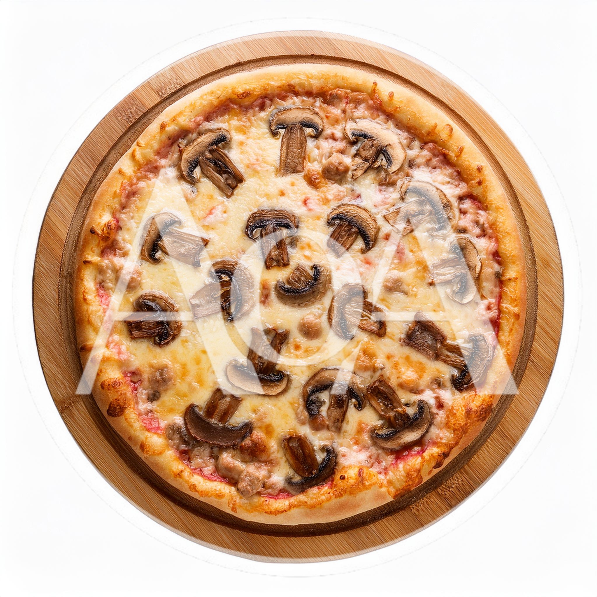 Top View Of A Mushroom Pizza On Wooden Board