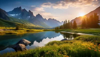 Serene Alpine Lake Landscape At Sunset