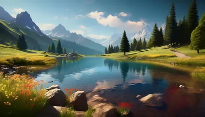 Serene Alpine Lake Landscape With Mountain Peaks