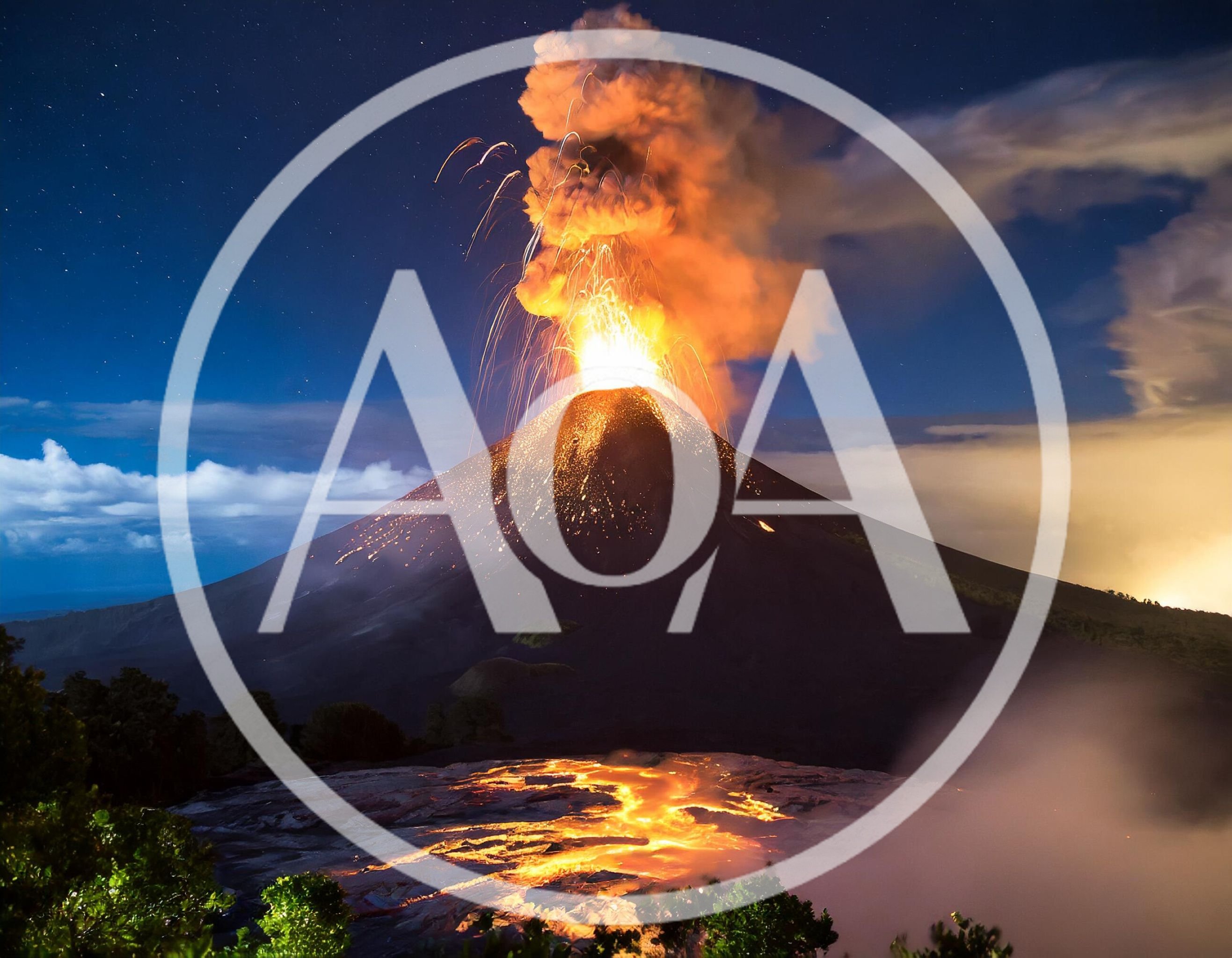 Volcanic Eruption With Lava Flow At Night