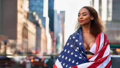 Young Woman Wrapped In American Flag In New York City
