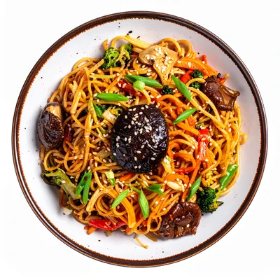 Stir Fried Vegetable Noodles In A Ceramic Bowl