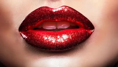 Close Up Of Woman With Glittery Red Lipstick