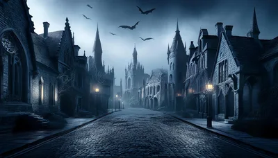 Gothic Village Street At Night With Flying Bats