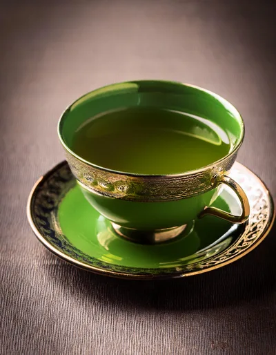 Green Tea Cup With Ornate Gold Trim